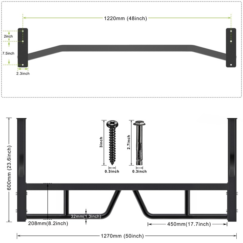 Kipika 48" Ceiling Mounted Pull Up Bar, Heavy Duty Multi-Grip