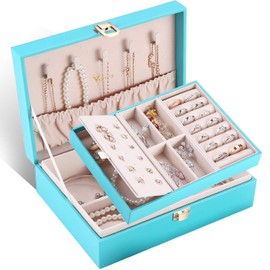 Voova Jewelry Box Organizer for Women Girls, 2 Layer Large Men Jewelry Storage Case, PU Leather Display Jewel Holder with Removable Tray for Necklace Earrings Rings Bracelets, Vintage Gift, Lake Blue