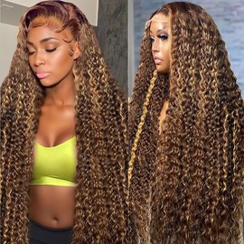 VNFM 30 Inch Highlight Ombre Lace Front Wig Human Hair Deep Wave Honey Blonde 13x6 HD Lace Frontal Wigs 200 Density 4/27 Colored Glueless Curly Wigs Human Hair for Women