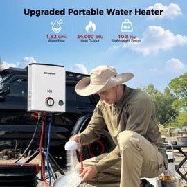CAMPLUX First F5 Portable Propane Water Heater 1.32 GPM, 34,000 BTU, for RVs, Campings, Cabins & Barns, Ultra Portable Screw-Free Design, Quick Setup & 2-in-1 Easy Temperature Control