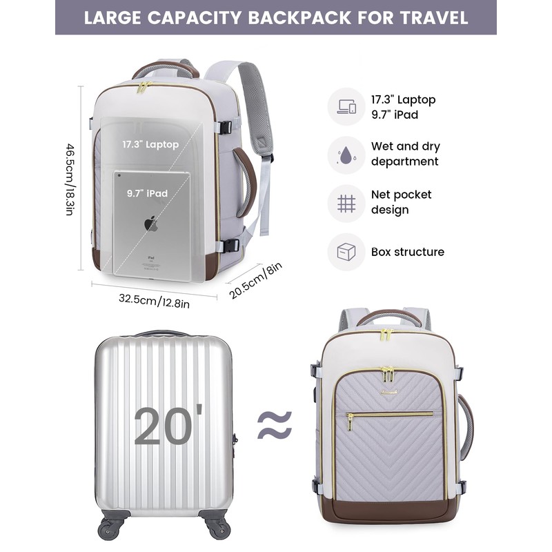 LOVEVOOK Women's Hand Luggage Backpack Large 40L, Light Grey White