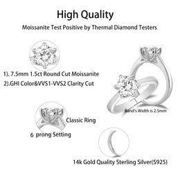 DovEggs Solitaire Moissanite Engagement Rings for Women 1.5ct 7.5mm G-H-I Color Heart Arrows Cut Moissanite Women`s Wedding Rings 14K Gold QUALITY Sterling Silver(1.5carat,6)