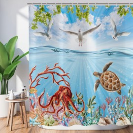 ASDCXZ Ocean Shower Curtain 180 x 200 cm, Blue Ocean Sea Organisms Turtle Octopus Seagull Leaves Bathroom Washable Shower Curtains Polyester Textile Waterproof Bath Curtain for Bath with 12 Hooks