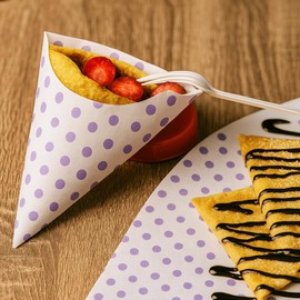 Fuwu, 150 hojas de papel encerado para alimentos con diseño de puntos, papel grado alimenticio para crepas hot dogs, alitas, hamburguesas y snaks (Puntos Morado)