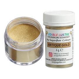 Sugarflair Antique Gold Edible Lustre Dust, Add a Lustrous Shine to Cakes or Decorations. Brush On or Add Rejuvenator to Create Eye-Catching Edible Paint, Gives Shine to Your Bakes - 4g