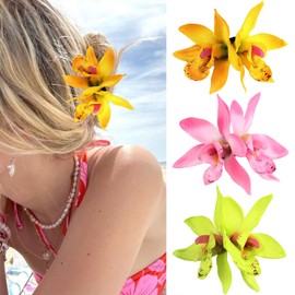 3Pcs Hawaiian Flower Large Hair Clips for Thick Hair Summer Flowers Flat Hair Clips Yellow Green Pink Floral Hair Accessories Snap Hair Clip Beach Vacation Hair Barrettes for Women Girls Hair Styling