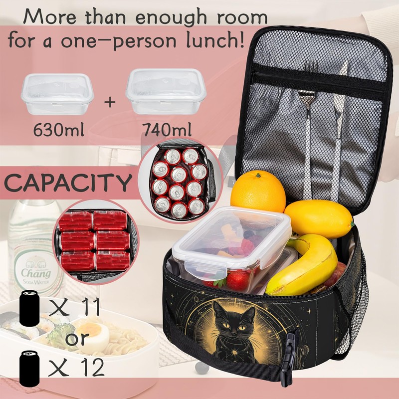 SKYDAWNY Black Cat Lunch Tote for Women, Cute Insulated Lunch