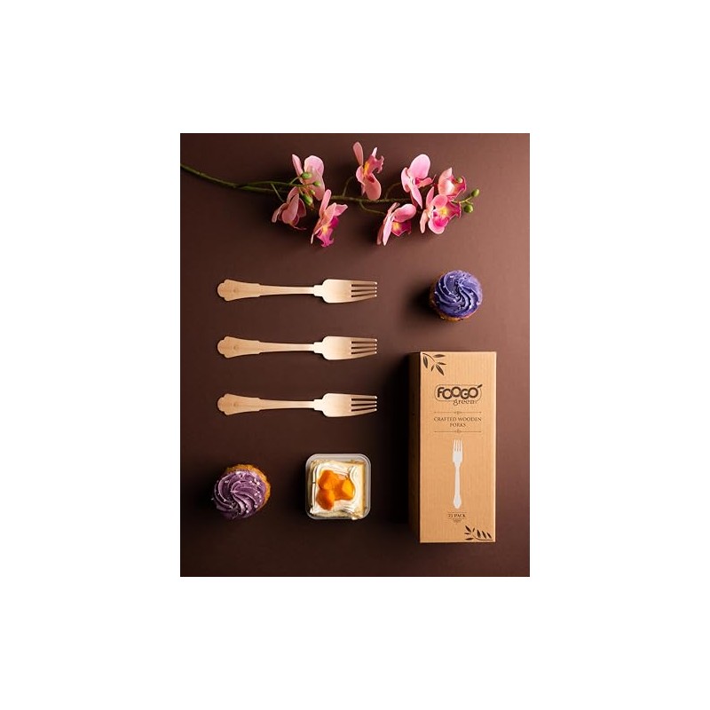 FOOGO Green 100pcs Elegant Disposable Wooden Forks, FSC® Certified, 100x