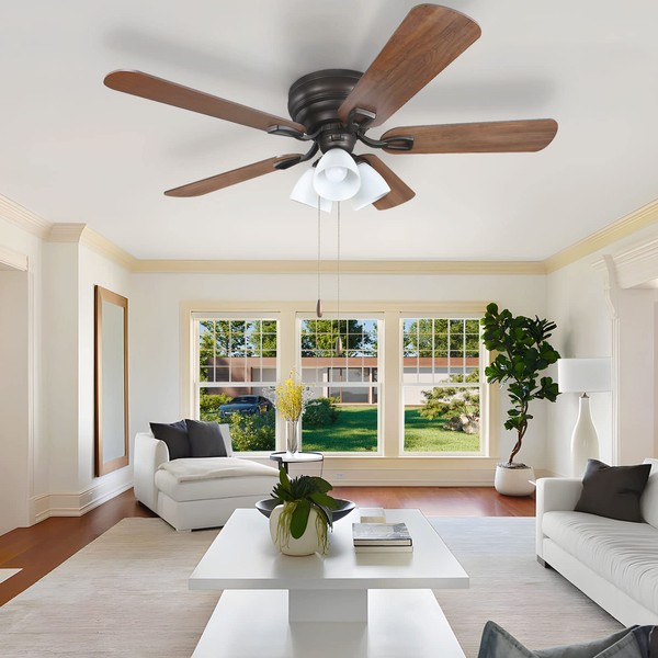 Brightever 52" Ceiling Fans with Lights Flush Mount, Farmhouse Ceiling fan Light with 5 Reversible Walnut Blades, 3 Frosted Light Shades and LED Bulbs Included, Noiseless Motor Ceiling Fan for Bedroom