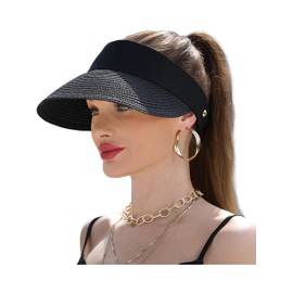 Women Wide Brim Straw Visor Sun Hat UV Protection Packable Beach Cap for Summer UPF 50+(Black)