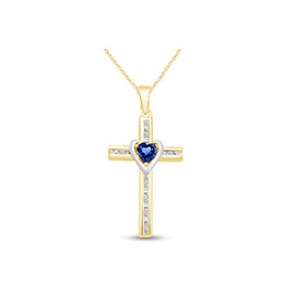 AFFY Simulated Blue Sapphire & Natural Diamond Cross Pendant Necklace inTwo-Tone Gold Over Sterling Silver