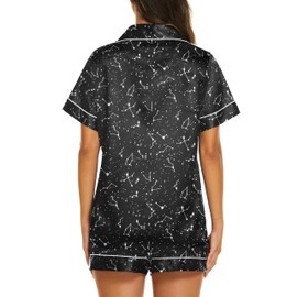 Ekouaer Womens Satin Silk Pajamas Set Short Sleeve Button Down Top and Shorts Sleepwear 2 Piece Pjs Set,Floral Black Stars,X-Large