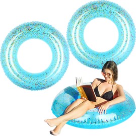 Sonwyoung 2 Pack Swim Rings with Glitter Inflatable Pool Float Tube Transparent Glitter Swim Rings for Adult Pool Confetti Swim Toys for River Beach Swimming Pool(Blue,33.5" l X 33.5" w)