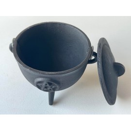 Pentagram Pentacle Cast Iron Cauldron with Lid and Handle, Witches Cauldron, Great for Use with Charcoal Incense, Smudge Sage, 4.25"