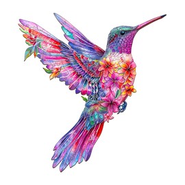 Wooden Jigsaw Puzzle, Pink Hummingbird Wooden Puzzle for Adults, Unique Animal Shape Wooden Jigsaw Puzzle (M, 120pc, 11.4"*10.6") Gifts for Family and Friends