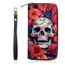 BWOOLL Skull Roses Print Wallet for Women Large Capacity Wallet Credit Card Holder PU Leather Zipper Clutch Purse Phone Wallet