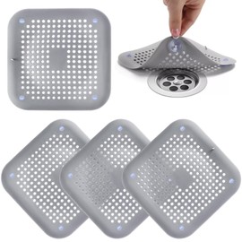Filtro Multifuncional para Desagüe de Suelos, 4 Piezas, Captador de Pelo para Baño, Tapón de Silicona con Ventosa para Drenaje de Piso, Tapa Coladera Cuadrada Antiolores, Cocinas, Lavaderos, Balcones