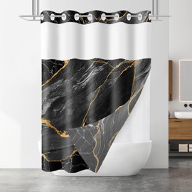 SSCRCUSLY 71x84 Inches, No Hook Black Marble Shower Curtain with Snap in Fabric Liner Set, Luxury Modern Hotel Style, See Through Mesh Top Window