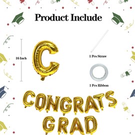 KALOR 16 Inch Gold Congrats Grad Banner Balloons, Gold Congrats Grad Letters Sign, Graduation Decorations 2024 for Congrats Grad Party Decorations 2024