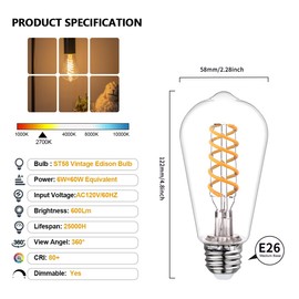 BORT Dimmable LED Edison Bulbs, 6W Equivalent to 60W Vintage Light Bulbs, E26 2700K ST58/ST19 LED Bulbs, Antique Flexible Spiral LED Filament Light Bulbs, Clear Plastic Screw Lamp - 4Pack