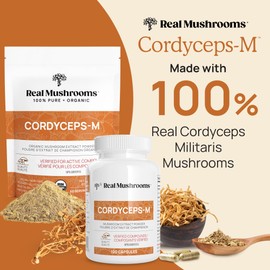 Real Mushrooms Real Mushrooms Cordyceps Peak Performance Supplement for Energy, Stamina & Endurance | Non-GMO, Vegan, Organic Cordyceps Powder| 60 Servings