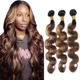 Niciitysi Ombre Three Tone Blonde Mixed With Brown Wet and Wavy Bundles 24 26 28 inch T1BP4/27 Human Hair Highlight Body Wave Bundles Double Weft Brazilian Hair Extension for Women