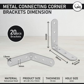 OMIDEAS 20 x Angle Bracket (60 x 60 x 16) 90 Degree L Shape Corner Brace Plate Wood Metal Connecting Fixing Joining Repair Support Galvanised Connector
