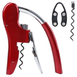 KAYCROWN Stainless Steel Wine Bottle Opener, Vertical Lever Corkscrew with Built in Foil Cutter Design, Manual Handheld Corkscrew with Ergonomic Lever Pump (Red)