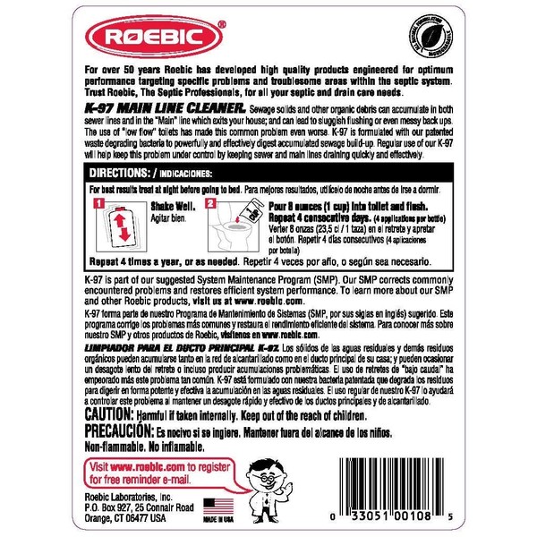 Roebic K-97 Main Line Cleaner, Exclusive Biodegradable Bacteria Digests Paper, Fats, and Grease in Sewer and Septic Systems, 32 Ounces