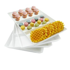 AMGBZT Divided Serving Tray Platter, 4 Pack 15" x 10" Fruit Veggie Food Tray for Party, Plastic Serving Trays for Appetizer, Snack, Dessert, Cookie, Brunch Decorations Platters, White Trays BPA-Free