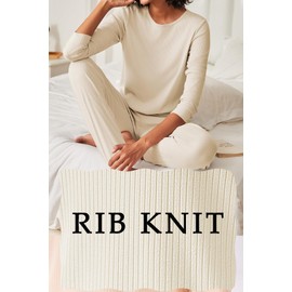 Ekouaer Womens Ribbed Knit Pajama Sets 2 Piece Jogger Pjs Long Sleeve Sleepwear Round Neck Soft Lounge Sets with Pockets Light Khaki Medium