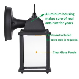 LIT-PaTH Outdoor LED Wall Lantern, Wall Sconce as Porch Lighting Fixture, 5000K Daylight White, 9.5W 800 Lumen, Aluminum Housing Plus Glass, Black Finish, 2-Pack