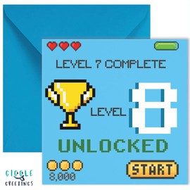 GIGGLE GREETINGS Gamer Birthday Card For 8 Year Old Girl or Boy - Level 8 Unlocked Video Gaming Birthday Card With Blue Envelope - Eco Friendly Card