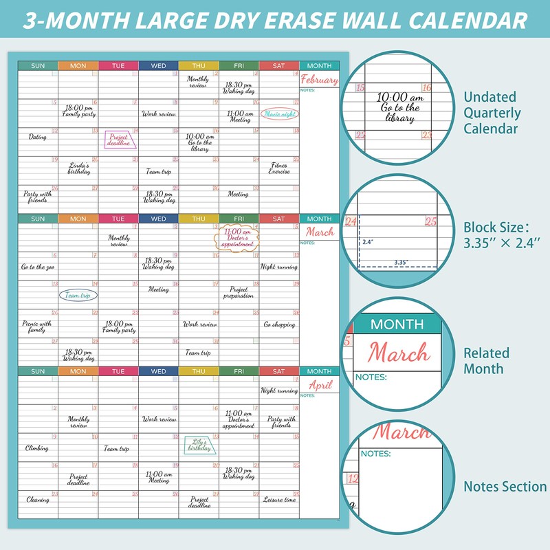 Dry Erase Calendar for Wall - Undated 3 Month Calendar,