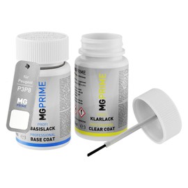MG PRIME Autolack Lackstift Set für Peugeot P3P8 Blanc Lipizan/Lipizan Weiss Basislack Klarlack je 50ml