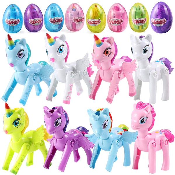 8 Pack Pre Filled Jumbo Deformation Easter Eggs with Unicorn Pony Toys, 3.5 inches Filled Eggs for Easter Egg Hunt, Basket Stuffers Filler, Classroom Prize Supplies