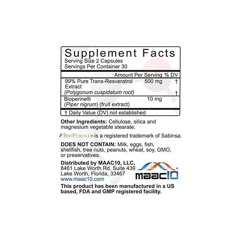 Trans- Resveratrol De 500 Mg 99 Puro Bioperina (60 Caps.)