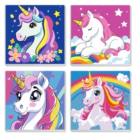 MXJSUA 4 Pack Cartoon Unicorn Paint by Numbers Kit with Framed Canvas for Kids, Dinosaur Horse by Number Painting Kits for Ages 6-12 Kids, Acrylic Oil Paint by Number Kits for Beginners 20 * 20cm