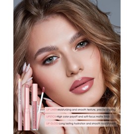 Caedelfly 3 in 1 Nude Pink Lipstick&Lip Gloss&Lip Liner Combo for Women,Matte High Shine Waterproof Long Lasting Lipstick,Hydration Non-Sticky Plumping Lipgloss Smooth Lipliner Pen,Vegan Formula Lip Makeup Set1