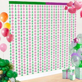AMZFAVOR Witch Party Decorations, 3.3 X 6.6ft Pink and Green Tinsel Foil Fringe Curtains Backdrops Photo Props for Birthday Witch Party Supplies Favors Decor, 2 Pack