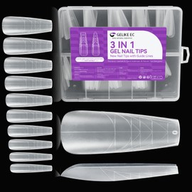 XXL Coffin Gel Nail tips: 3 in 1 Gelike ec Full Matte French Guiding Line Nail Tips, Extra Long Gel x Nails with Auxiliary Positioning Line, Nail Extension Tips for Beginners 100 Pcs 10 Sizes