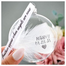 A Round Glass Bauble Any Name Date Hand Stamped White Feather. Angels Are Near Ribbon