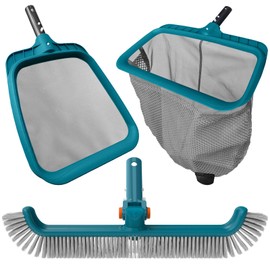 POOLWHALE Economy Swimming Pool Cleaning Kit - Fine Mesh Deep Pool Rake & Leaf Skimmer Net, Rotatable Pool Brush Head for Cleaning Above Ground & inground Pools (No Pole)