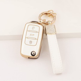 1797 for VW Volkswagen Key Fob Cover Jetta Beetle Tiguan Passat Golf Accessories Bling Car Remote Key Chain Case Shell Protector Girly Cute 3 Button White Gold TPU