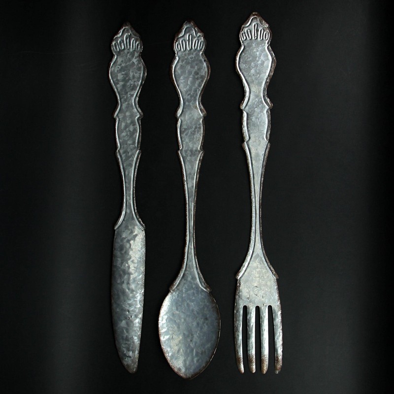 Zeckos Galvanized Grey Metal Fork, Spoon, and Knife Farmhouse Kitchen