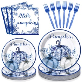 Moinchore 100 PCS Fall Party Supplies, Fall Chinoiserie Pumpkins Plates, White and Blue Flowers Porcelain Napkin Disposable Blue Botanical Leaves Thanksgiving Dinnerware Set Serve 25 Guest