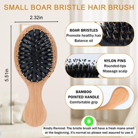 2PCS Mini Boar Bristle Hair Brush Bamboo Hair Brush Wooden Massager Brush Pocket Travel Small Paddle Boar Bristle Hair Brush for Women for All Hair Types