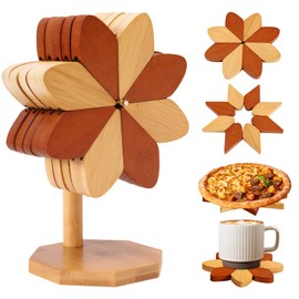 YTACREA Pack of 5 Heat Resistant Bamboo Coasters in Windmill Shape, 5 Wooden Coasters and 1 Stand, Non-Slip Foldable Pan Protector for Kitchen Pans, Cutlery and Cups