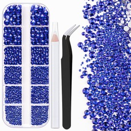 One Pack 2000 Pcs of Flatback Round Royal Blue Rhinestones 6 Sizes (1.5-6 mm) with Nail Art Rhinestone Picker Pencil And Tweezer For DIY And Salon Use
