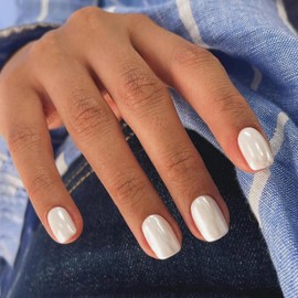 FANLAID Press On Nails Short - Square Nails Press Ons, Pearlescent White Glazed Design Glue On Nails, Natural Fit & Reusable Stick On Nails in 12 Sizes - 24 Fake Nails Kit for Women, Pearlescent White